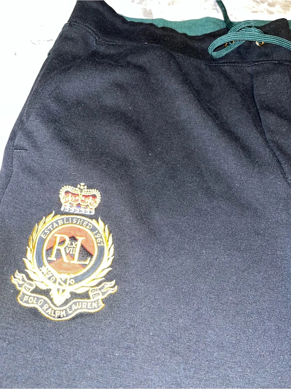 Ralph Lauren Black Sweatpants with Green Stripe and Gold Embroidery